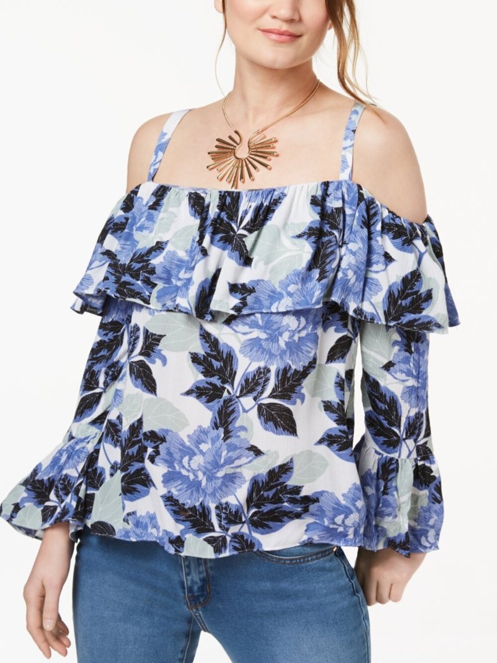 INC International Concepts Womens Ruffled Printed Cold Shoulder Top